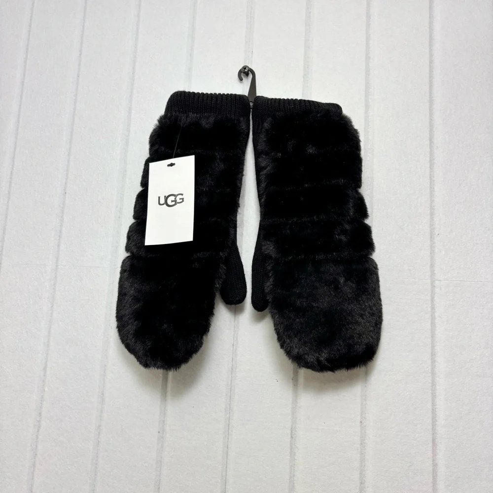 UGG Luxe BLACK‎ FAUX FUR FUZZY WOOL BLEND MITTENS WITH SHERPA LINING size L/XL